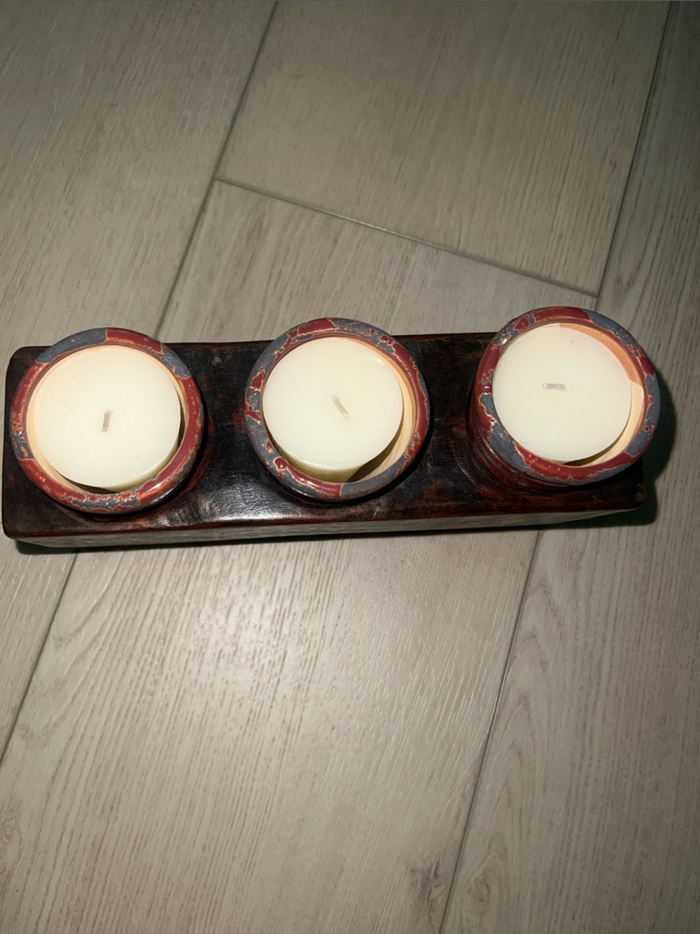 Wooden Triple Tea Light Holder with Red Accent